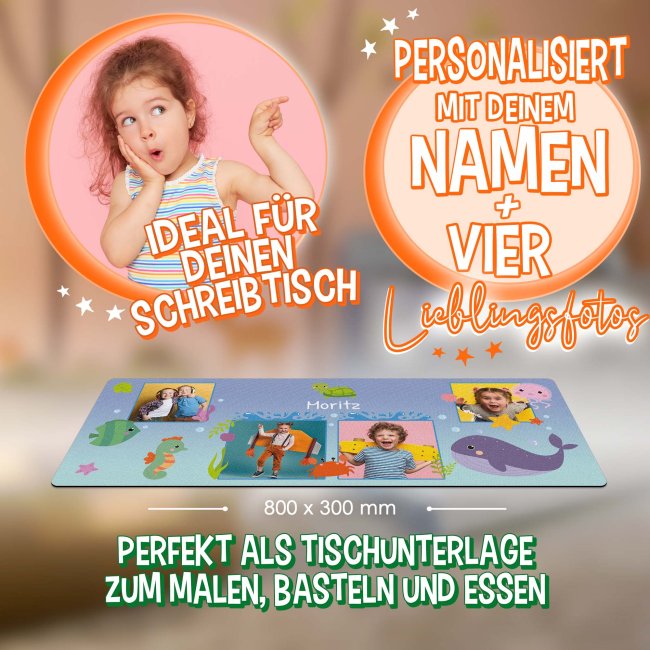 Schreibtischunterlage f&uuml;r Kinder - Meerestiere - mit Fotos und Name personalisierbar - 80 x 30 cm