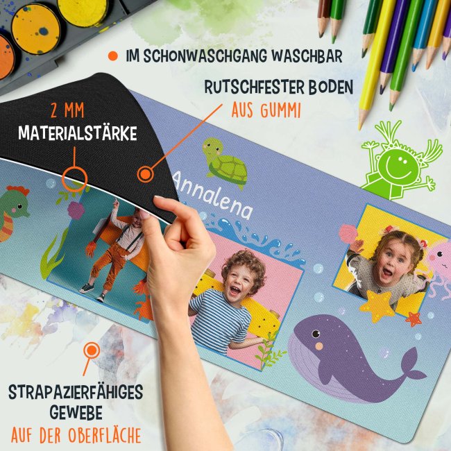 Schreibtischunterlage f&uuml;r Kinder - Meerestiere - mit Fotos und Name personalisierbar - 80 x 30 cm