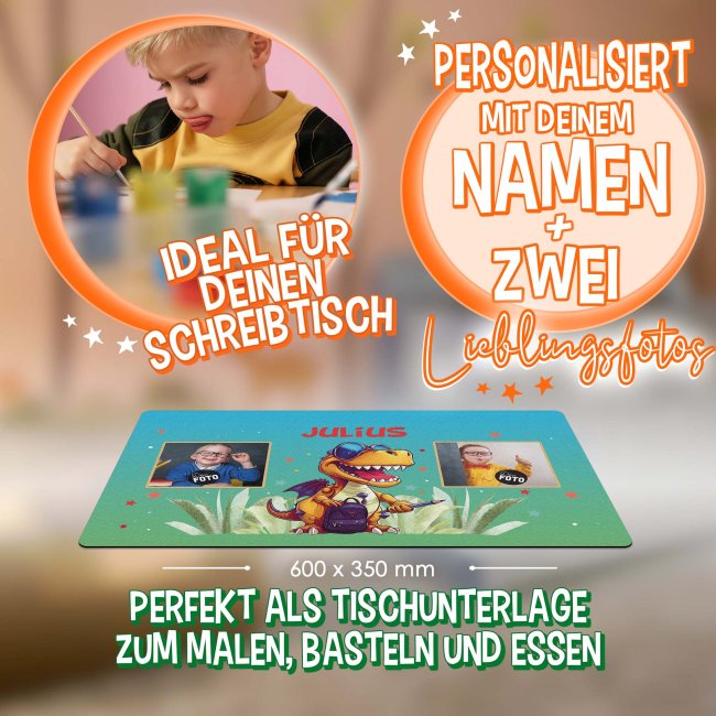 Schreibtischunterlage f&uuml;r Kinder - Dino - mit Fotos und Name personalisierbar - 60 x 35 cm