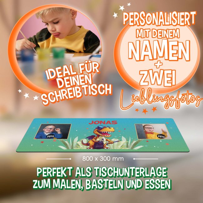 Schreibtischunterlage f&uuml;r Kinder - Dino - mit Fotos und Name personalisierbar - 80 x 30 cm