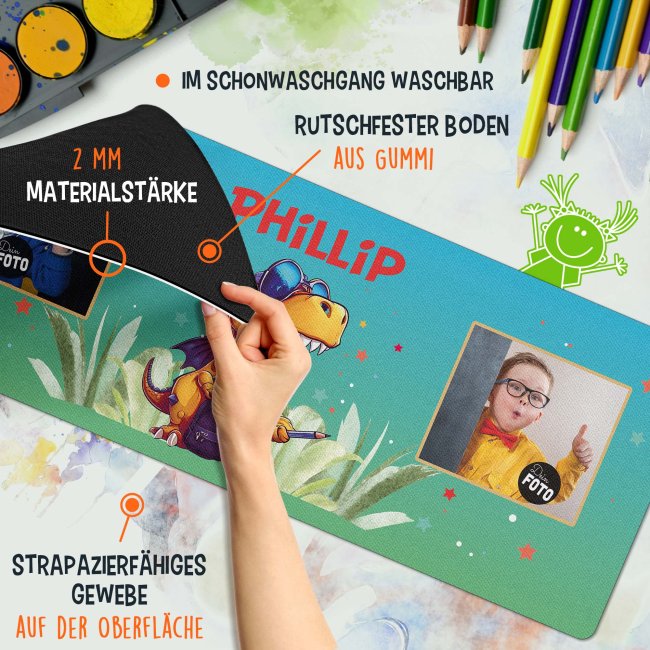 Schreibtischunterlage f&uuml;r Kinder - Dino - mit Fotos und Name personalisierbar - 80 x 30 cm