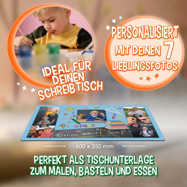 Schreibtischunterlage f&uuml;r Kinder - ABC - Lernen macht Spa&szlig; - mit Fotos personalisierbar - 60 x 35 cm - Rosa