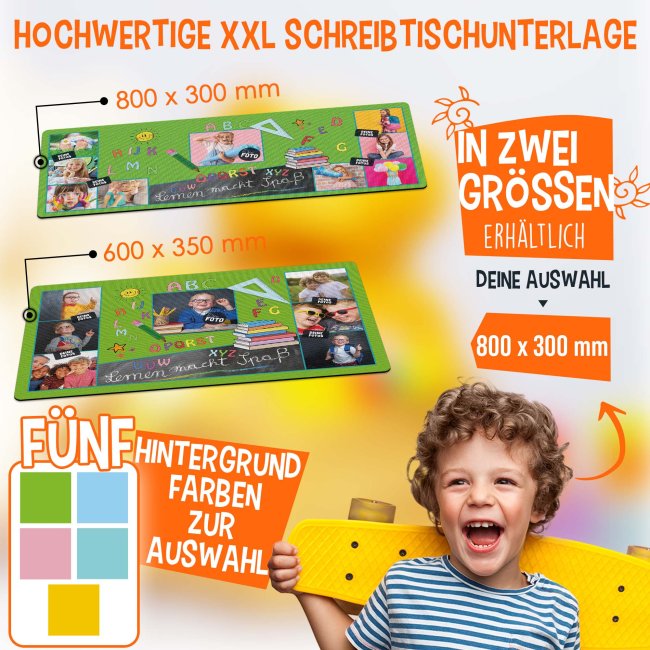 Schreibtischunterlage f&uuml;r Kinder - ABC - Lernen macht Spa&szlig; - mit Fotos personalisierbar - 80 x 30 cm - Blau