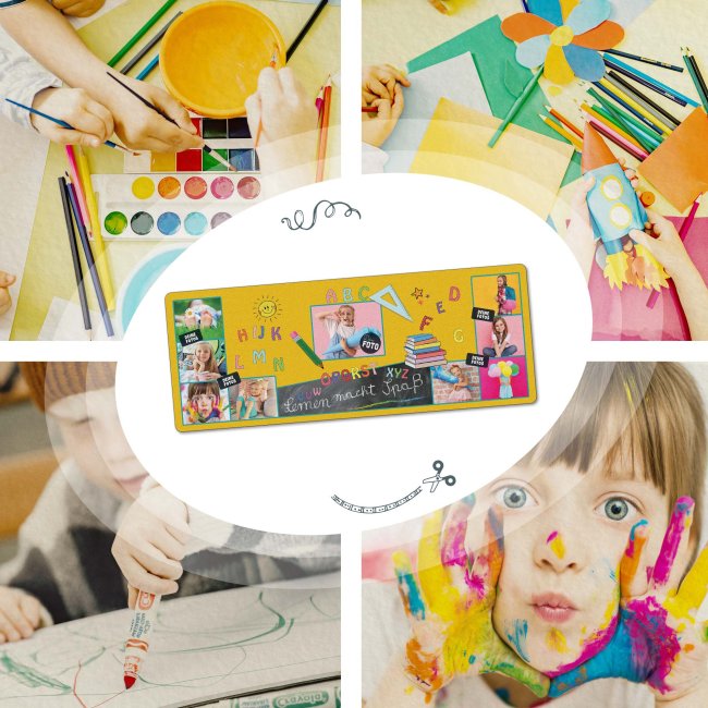Schreibtischunterlage f&uuml;r Kinder - ABC - Lernen macht Spa&szlig; - mit Fotos personalisierbar - 80 x 30 cm - Blau