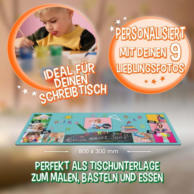 Schreibtischunterlage f&uuml;r Kinder - ABC - Lernen macht Spa&szlig; - mit Fotos personalisierbar - 80 x 30 cm - Blau