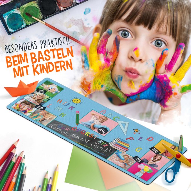 Schreibtischunterlage f&uuml;r Kinder - ABC - Lernen macht Spa&szlig; - mit Fotos personalisierbar - 80 x 30 cm - Blau