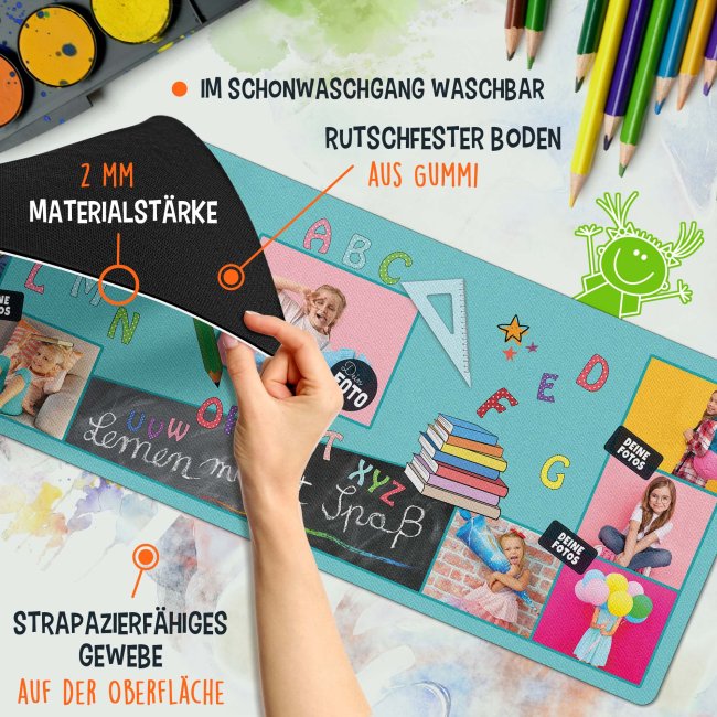 Schreibtischunterlage f&uuml;r Kinder - ABC - Lernen macht Spa&szlig; - mit Fotos personalisierbar - 80 x 30 cm - Blau