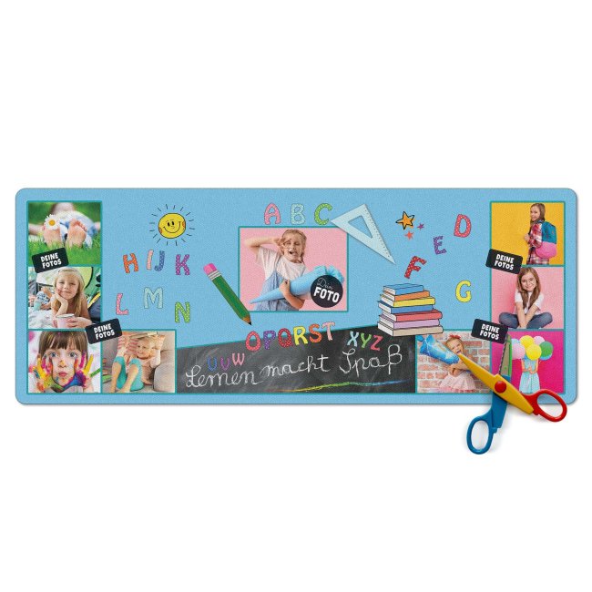 Schreibtischunterlage f&uuml;r Kinder - ABC - Lernen macht Spa&szlig; - mit Fotos personalisierbar - 80 x 30 cm - Blau