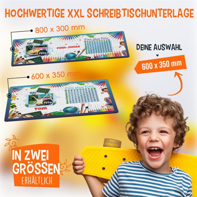 Schreibtischunterlage f&uuml;r Kinder - Eins plus Eins - Blaue Variante - mit Foto und Name personalisierbar - 60 x 35 cm
