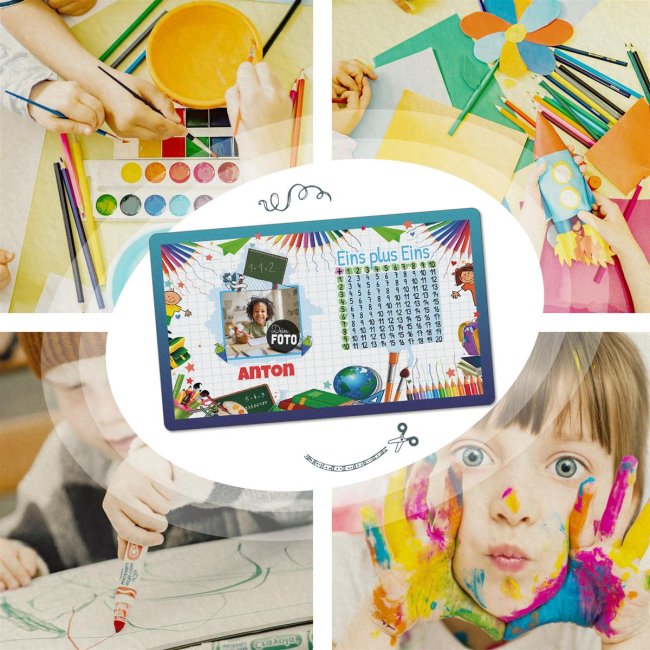 Schreibtischunterlage f&uuml;r Kinder - Eins plus Eins - Blaue Variante - mit Foto und Name personalisierbar - 60 x 35 cm