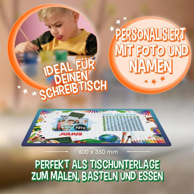 Schreibtischunterlage f&uuml;r Kinder - Eins plus Eins - Blaue Variante - mit Foto und Name personalisierbar - 60 x 35 cm