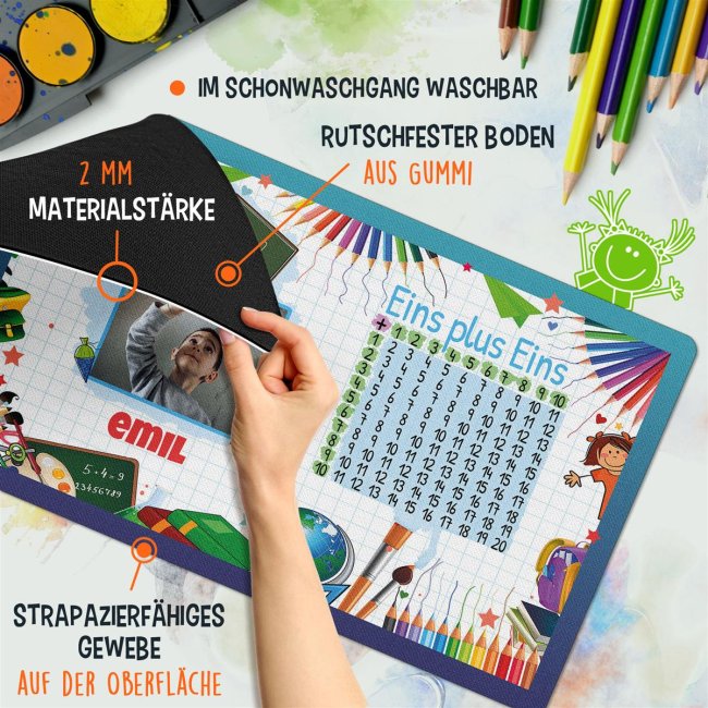 Schreibtischunterlage f&uuml;r Kinder - Eins plus Eins - Blaue Variante - mit Foto und Name personalisierbar - 60 x 35 cm