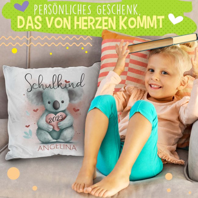 Personalisierbares Kissen zur Einschulung - Schulkind - mit Name und Jahr - Koala - Wei&szlig; Flauschig