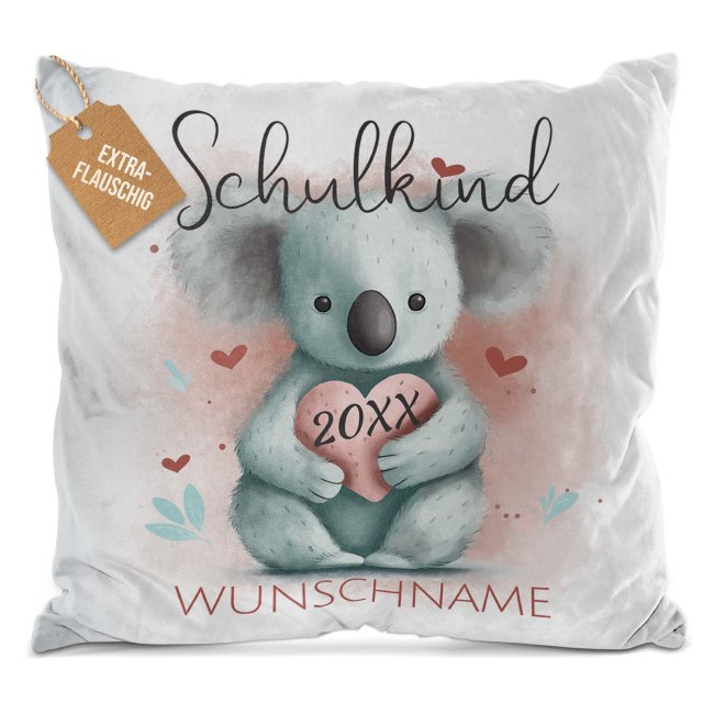 Personalisierbares Kissen zur Einschulung - Schulkind - mit Name und Jahr - Koala - Wei&szlig; Flauschig