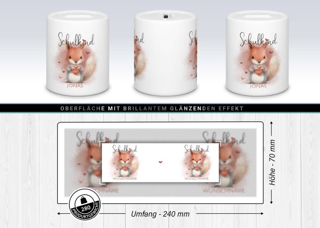 Personalisierbare Spardose als Geschenk zur Einschulung - Eichh&ouml;rnchen - mit Name und Jahr personalisierbar