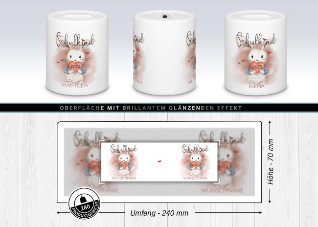 Personalisierbare Spardose als Geschenk zur Einschulung - Hase - mit Name und Jahr personalisierbar
