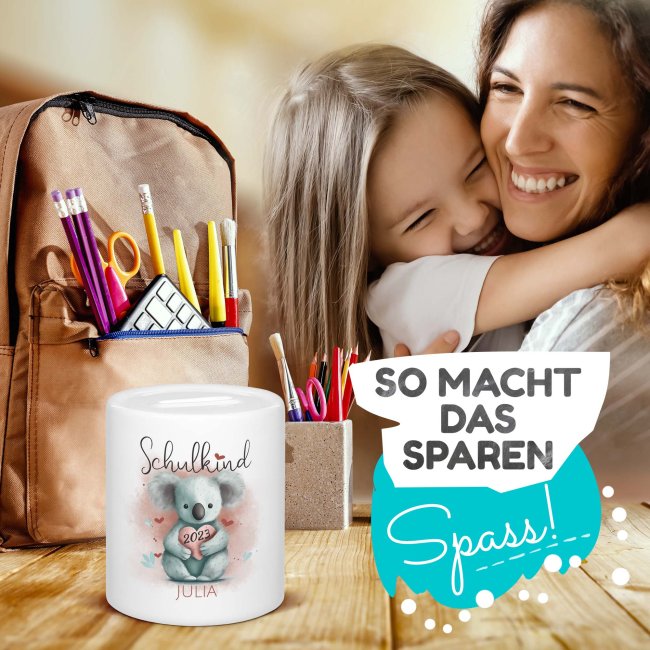 Personalisierbare Spardose als Geschenk zur Einschulung - Koala - mit Name und Jahr personalisierbar