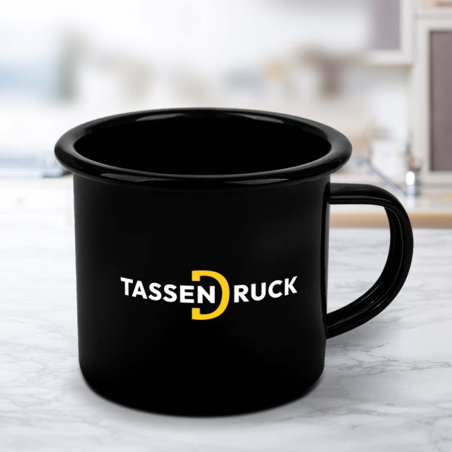Schwarze Emaille-Tasse mit bedruckbarem Wei&szlig;feld - 300 ml