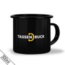 Schwarze Emaille-Tasse mit bedruckbarem Wei&szlig;feld -...