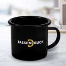 Schwarze Emaille-Tasse mit bedruckbarem Wei&szlig;feld -...