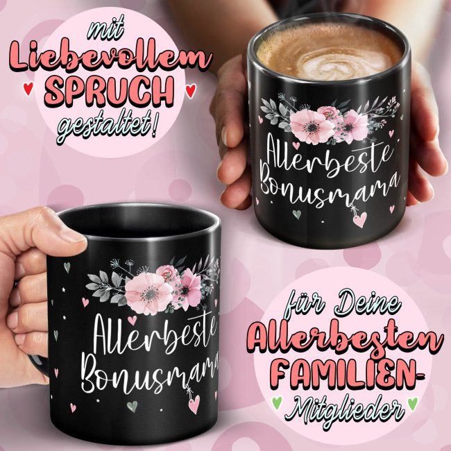 Schwarze Tasse f&uuml;r die allerbeste Bonusmama