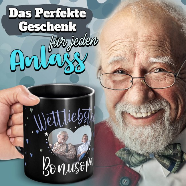 Schwarze Tasse mit Foto - Weltliebster Bonusopa