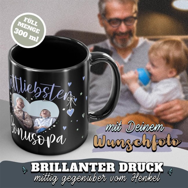 Schwarze Tasse mit Foto - Weltliebster Bonusopa
