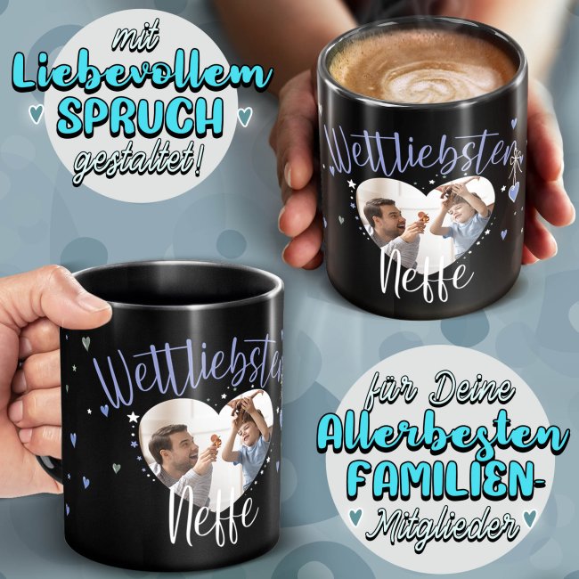 Schwarze Tasse mit Foto - Weltliebster Neffe