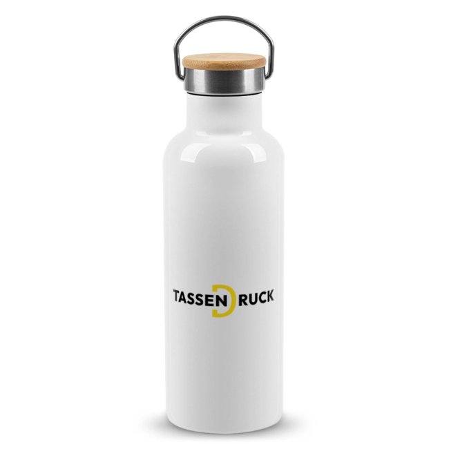 Trinkflasche aus Edelstahl mit Bambusdeckel - Wei&szlig;