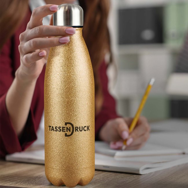Glitzer Trinkflasche aus Edelstahl - Gold - Druckbereich 180 x 100 mm