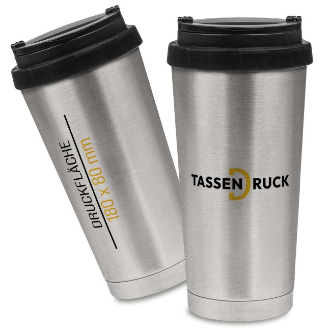 Edelstahl Thermobecher mit Deckel - Silber konisch - 400 ml - Druckbereich 180 x 80 mm