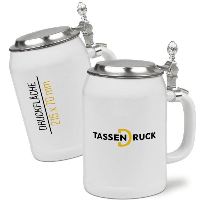 Bierkrug aus Keramik - 500 ml - Wei&szlig; - mit Deckel - inkl. Druck - Druckbereich 215 x 70mm