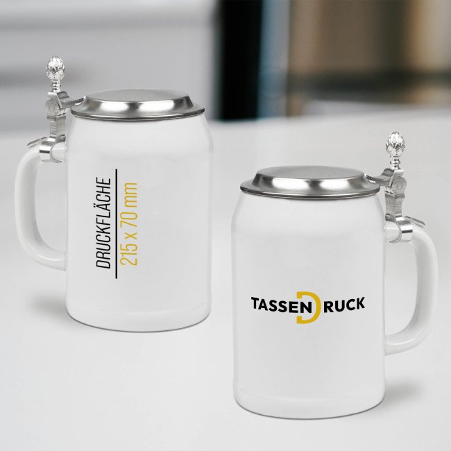 Bierkrug aus Keramik - 500 ml - Wei&szlig; - mit Deckel - inkl. Druck - Druckbereich 215 x 70mm