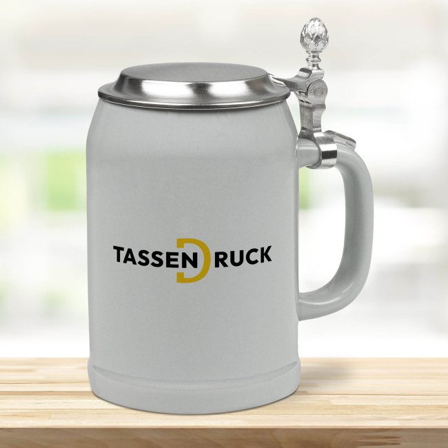 Bierkrug aus Keramik - 500 ml - Grau - mit Deckel - inkl. Druck - Druckbereich 215 x 70mm