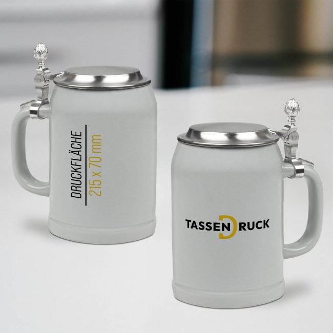 Bierkrug aus Keramik - 500 ml - Grau - mit Deckel - inkl. Druck - Druckbereich 215 x 70mm