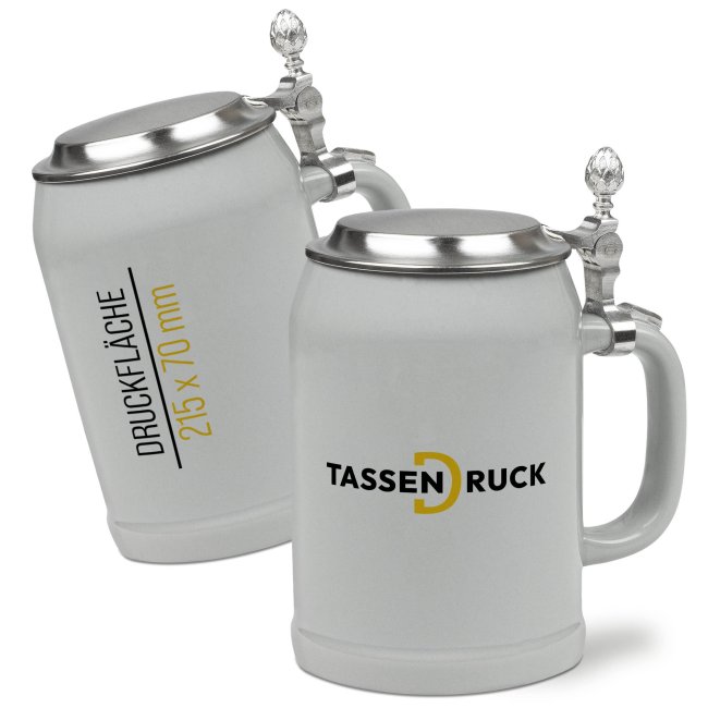 Bierkrug aus Keramik - 500 ml - Grau - mit Deckel - inkl. Druck - Druckbereich 215 x 70mm