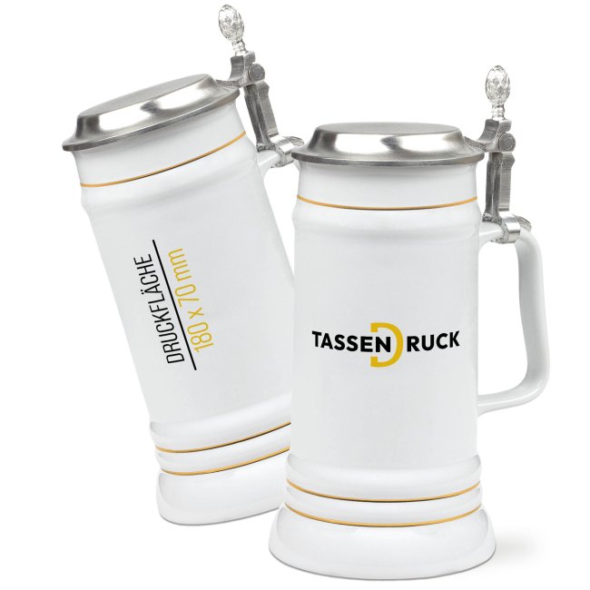 St&auml;ndekrug mit Goldrand - 700 ml - Wei&szlig; - mit Deckel - inkl. Druck - Druckbereich 180 x 70 mm