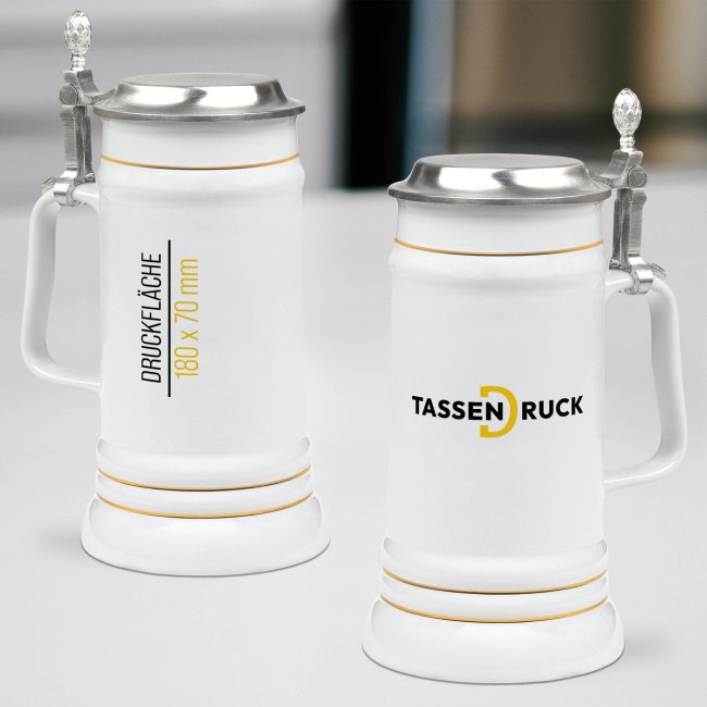 St&auml;ndekrug mit Goldrand - 700 ml - Wei&szlig; - mit Deckel - inkl. Druck - Druckbereich 180 x 70 mm