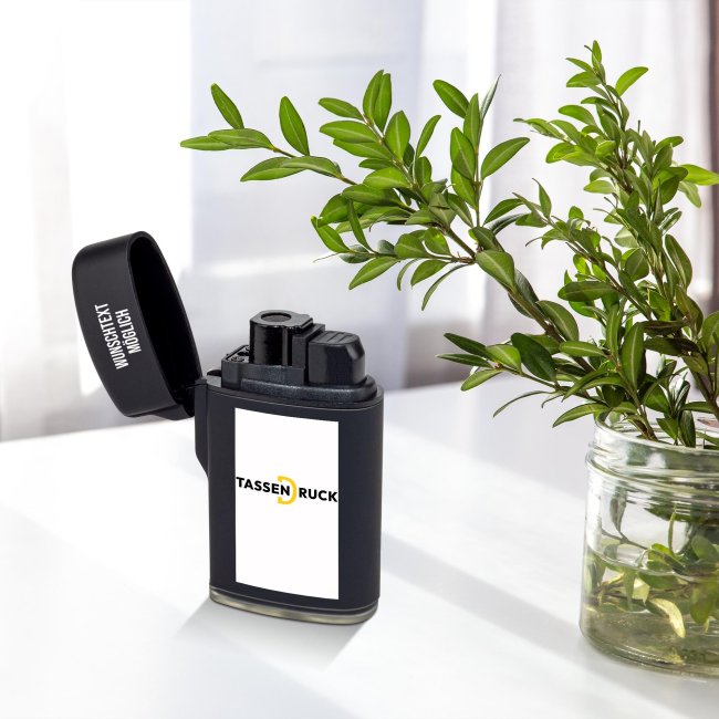 Sturmfeuerzeug schwarz-matt mit Logo und Wunschtext