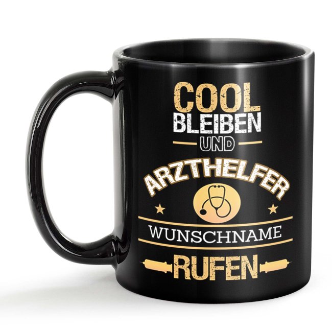 Schwarze Tasse - Arzthelfer - Berufe-Tasse mit Name