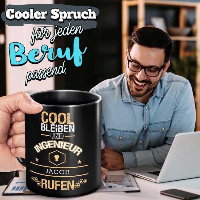 Schwarze Tasse - Ingenieur - Berufe-Tasse mit Name