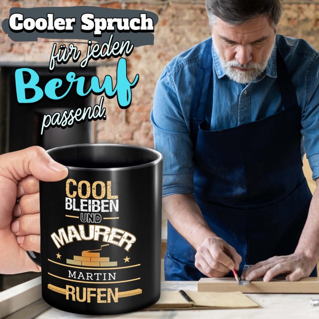 Schwarze Tasse - Maurer - Berufe-Tasse mit Name