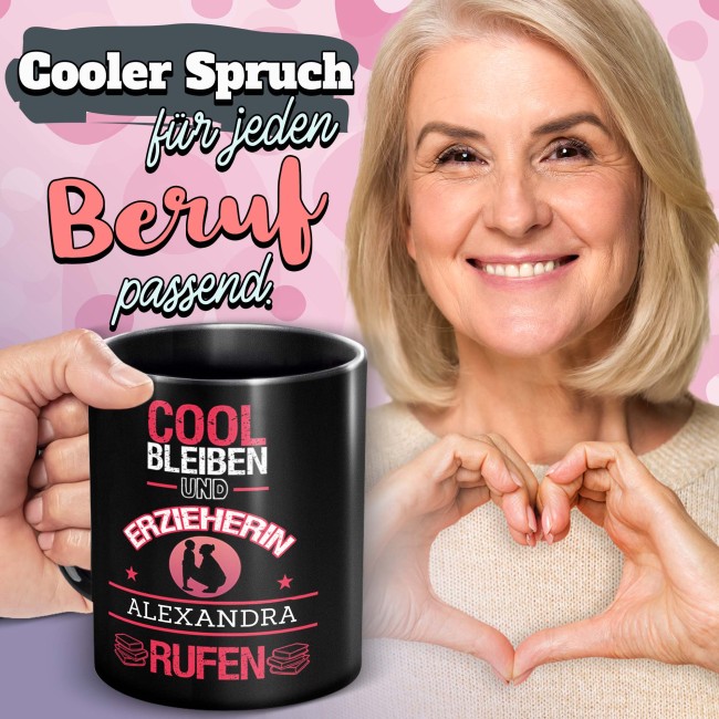 Schwarze Tasse - Erzieherin - Berufe-Tasse mit Name