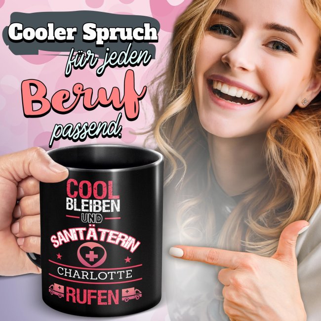 Schwarze Tasse - Sanit&auml;terin - Berufe-Tasse mit Name