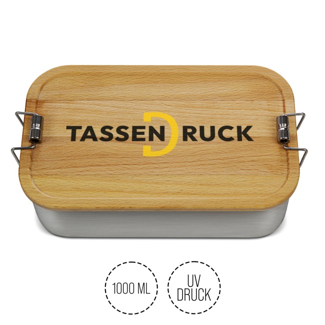 Brotdose aus Edelstahl mit Deckel aus Buche - 1000 ml - inkl. Druck