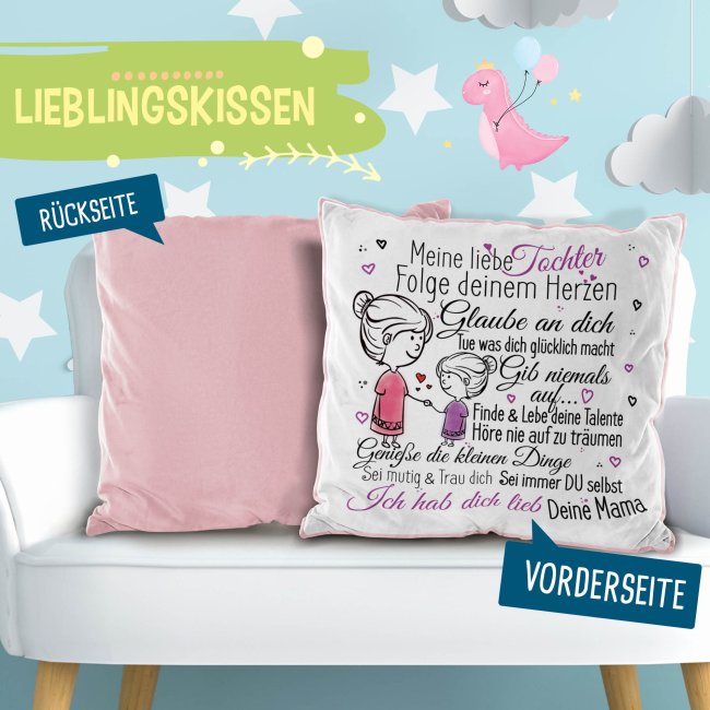 Flauschiges Kissen f&uuml;r Kinder - Von Mama f&uuml;r die Tochter - Rosa flauschig