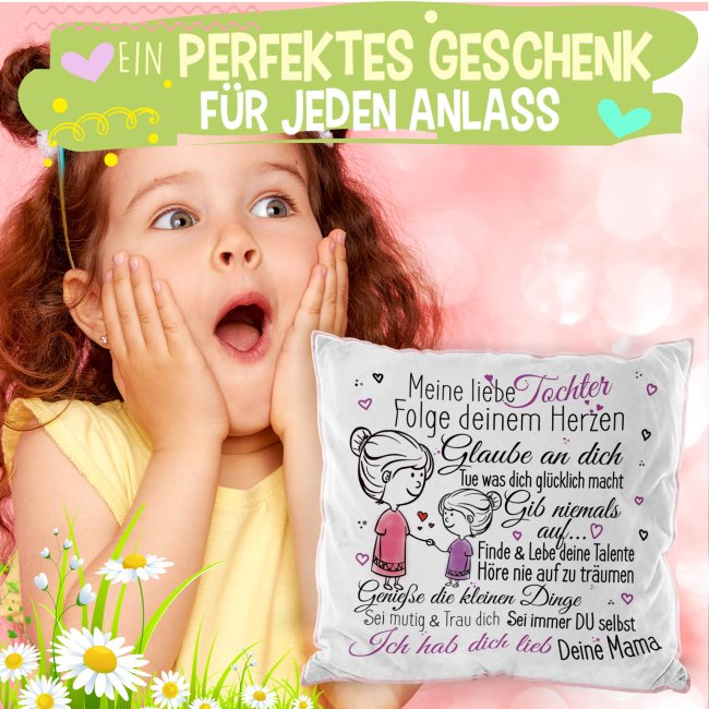 Flauschiges Kissen f&uuml;r Kinder - Von Mama f&uuml;r die Tochter - Rosa flauschig