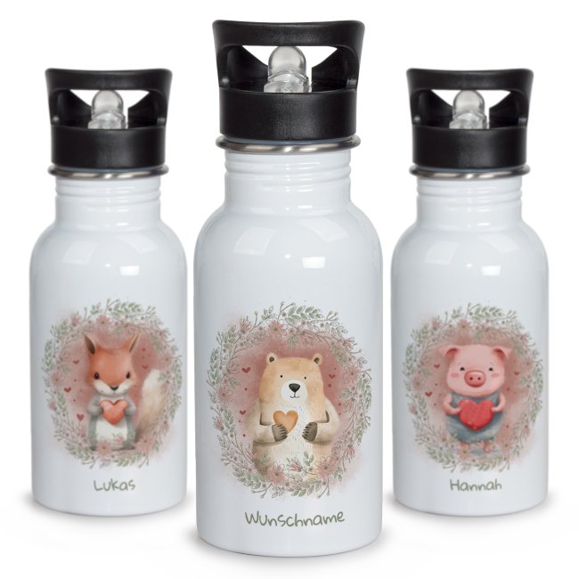 Edelstahl Trinkflasche als Geschenk f&uuml;r Kinder - mit 6 s&uuml;&szlig;en Tiermotive zur Auswahl - mit Name personalisierbar - 500 ml