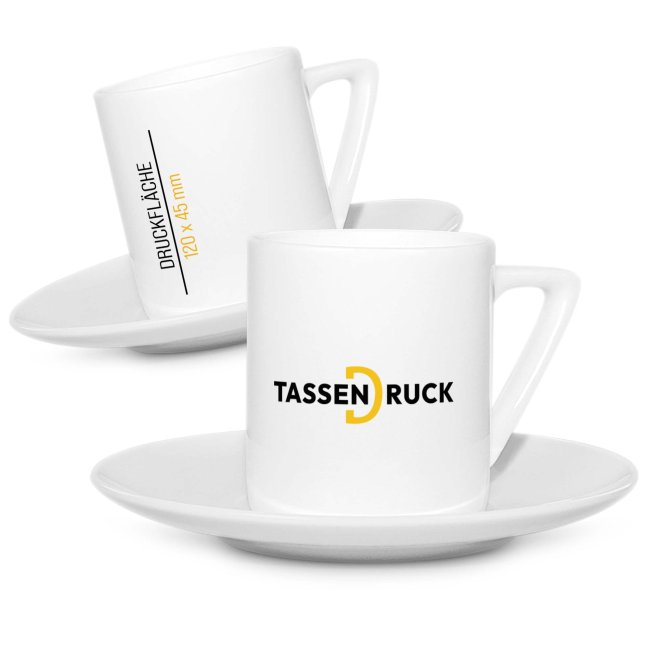 Espresso Tasse aus Porzellan - Henkel eckig - mit Teller - 100 ml - inkl. Druck - Druckbereich 120 x 45 mm
