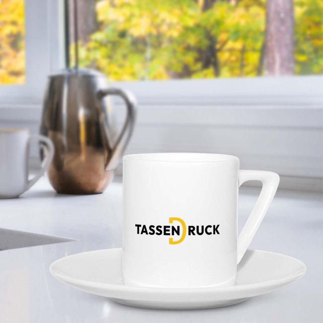 Espresso Tasse aus Porzellan - Henkel eckig - mit Teller - 100 ml - inkl. Druck - Druckbereich 120 x 45 mm